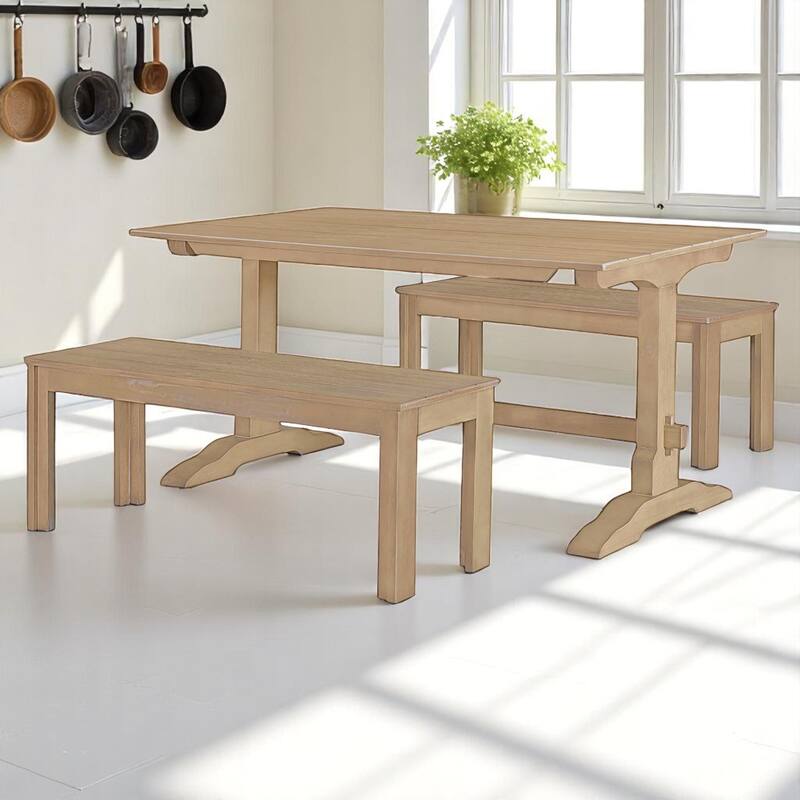 3-Piece Retro Dining Set, Rectangular Trestle Table and 2 Wood Benches, Vintage Dining Set for Dining Room or Kitchen - Natural Wood