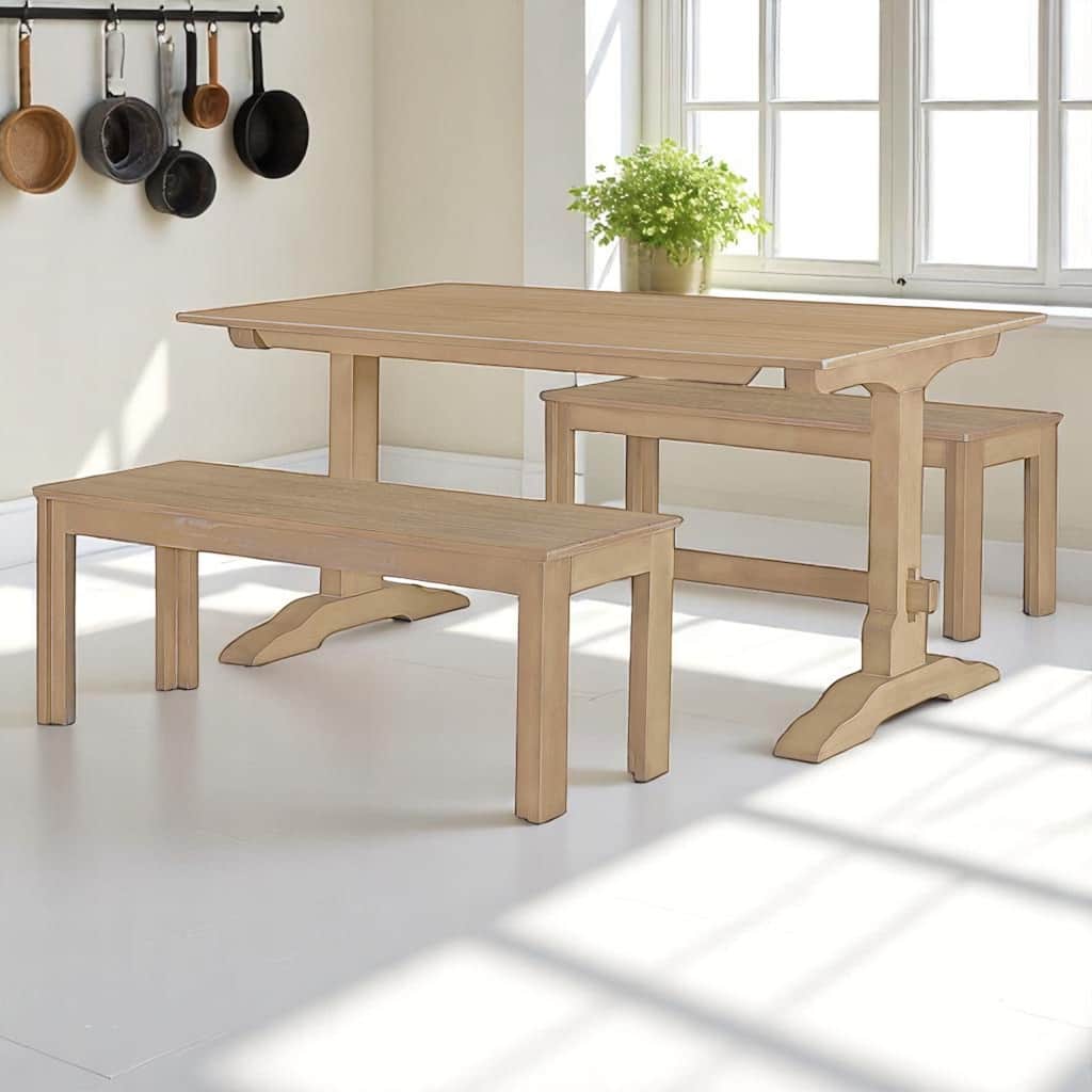 3-Piece Retro Dining Set, Rectangular Trestle Table and 2 Wood Benches, Vintage Dining Set for Dining Room or Kitchen