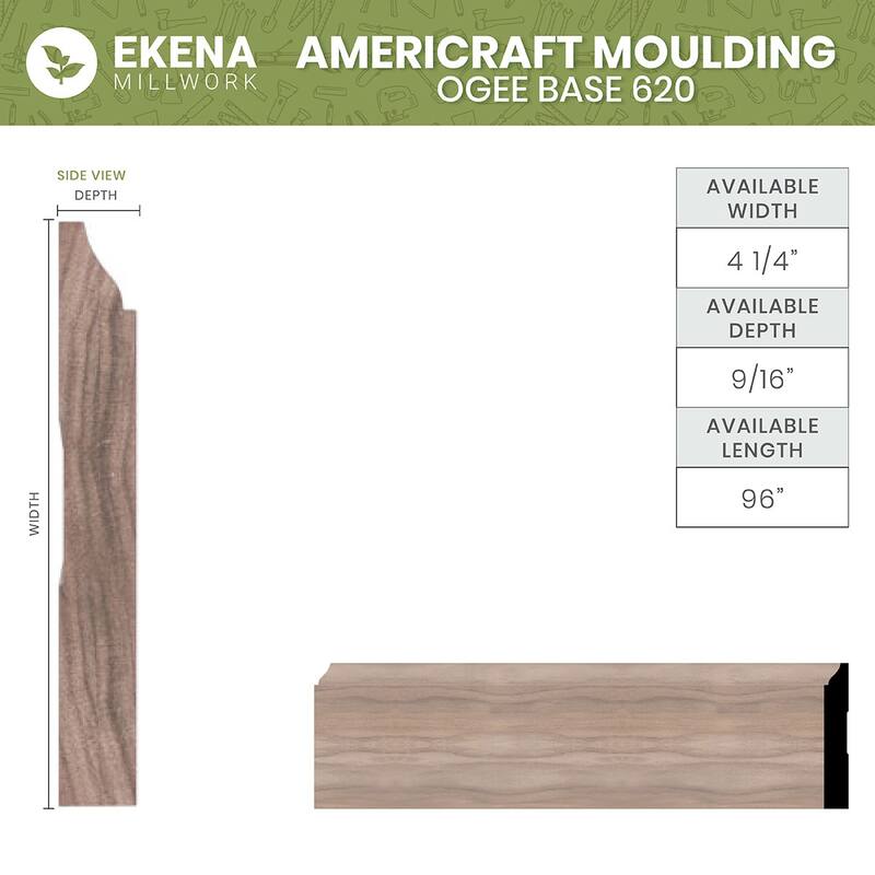 WM620: 9/16-in D x 4-1/4-in W x 96-in L Americraft Solid Hardwood Stain Grade Ogee Base Moulding
