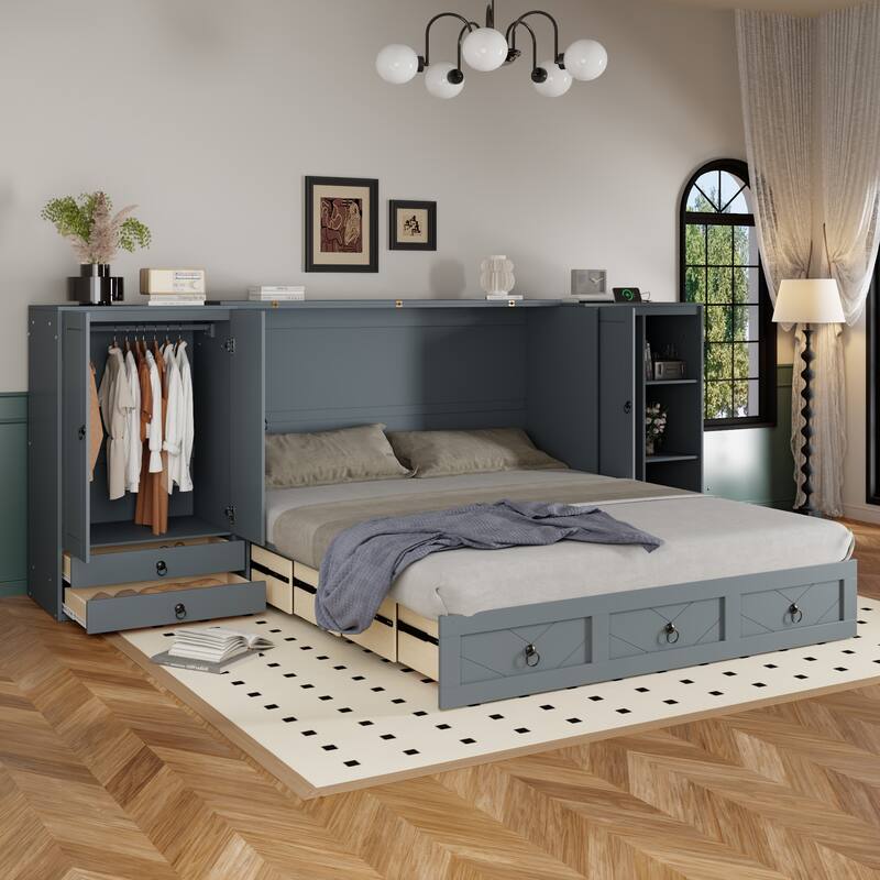 Queen Size Solid Wood Murphy Bed with Charging Station, Built-In Wardrobes, Drawers, and Foldable Cabinet Design
