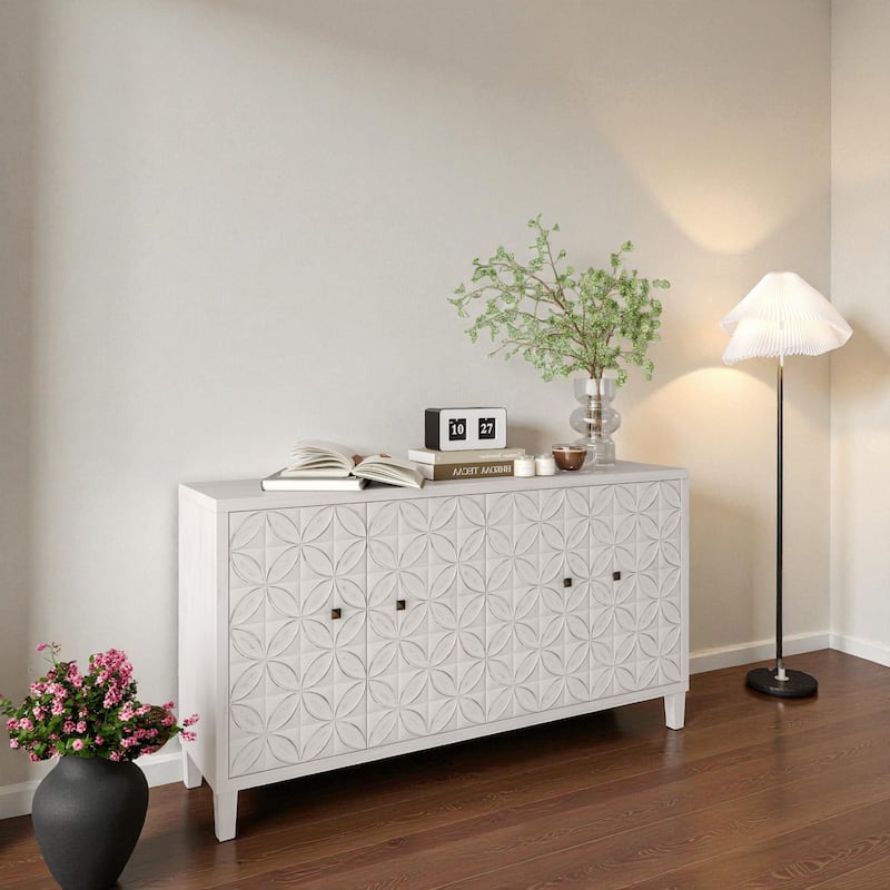 Farmhouse 60" 4-Door Wooden Accent Cabinet with Adjustable Shelves, White Wash Buffet Sideboard for Entryway