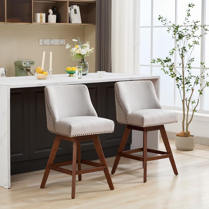 Set of 2 Swivel Bar Stools, 26" Counter Height Upholstered Fabric Barstools for Kitchen Island - Ivory