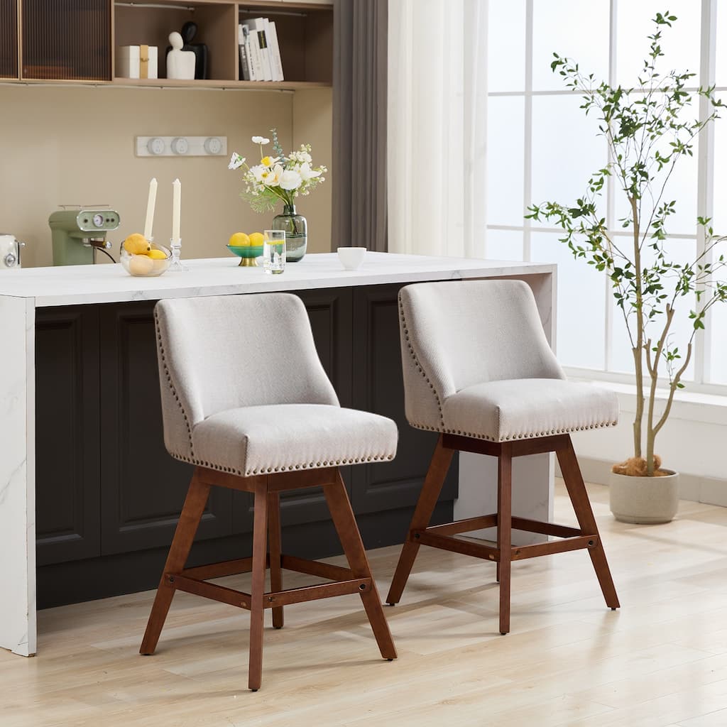 Set of 2 Swivel Bar Stools, 26" Counter Height Upholstered Fabric Barstools for Kitchen Island - Ivory