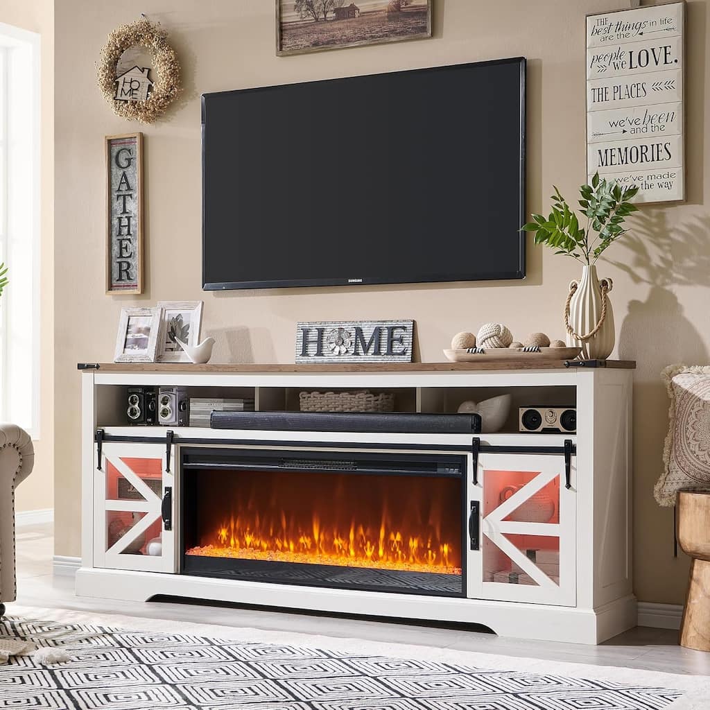Farmhouse Fireplace TV Stand for 80" TV, Rustic Entertainment Center