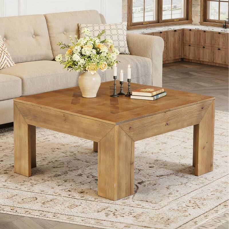 39" Square Solid Wood Coffee Table with Intricate Inlaid Top & Sturdy Legs, Rustic Center Tables for Living Room - Brown