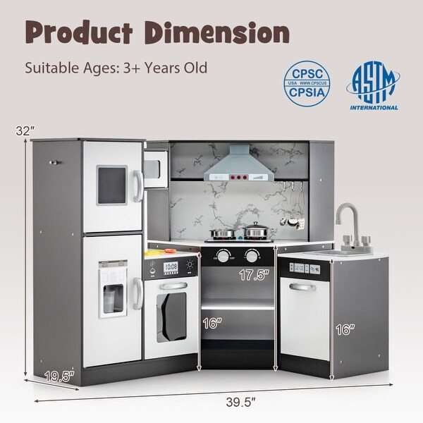 Corner Kids Play Kitchen Set with Lights, Ice Maker, Dishwasher