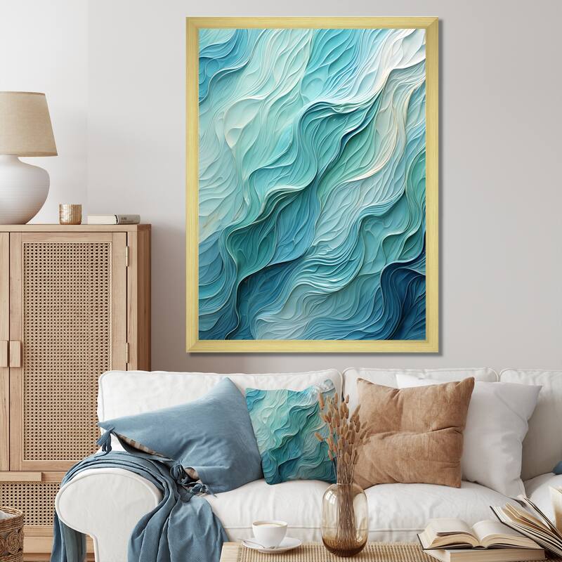 Designart "Aqua Blue And White Serenity Swirl I" Abstract Spirals Framed Canvas Wall Art - 30 in. wide x 40 in. high - Gold