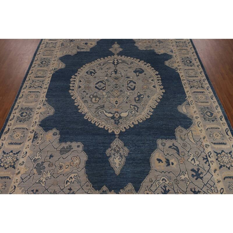 Blue Geometric Oushak Large Rug Hand-Knotted Wool Carpet - 9'10"x 13'10"