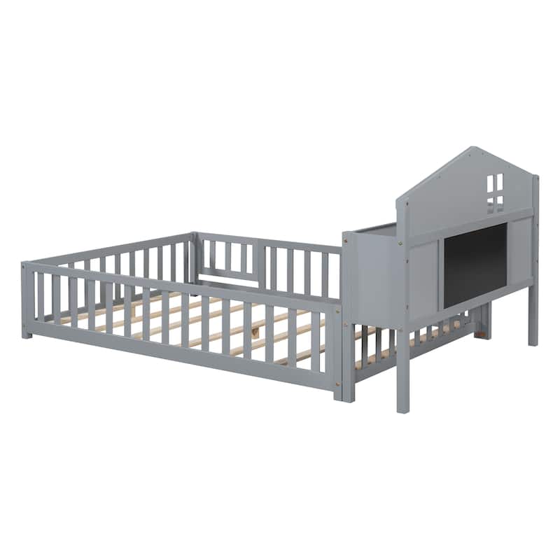 Full Size Plywood Montessori Floor Bed with Bookcases, Blackboards, Guard rails, Solid Wood Floor Beds and Storage Headboards