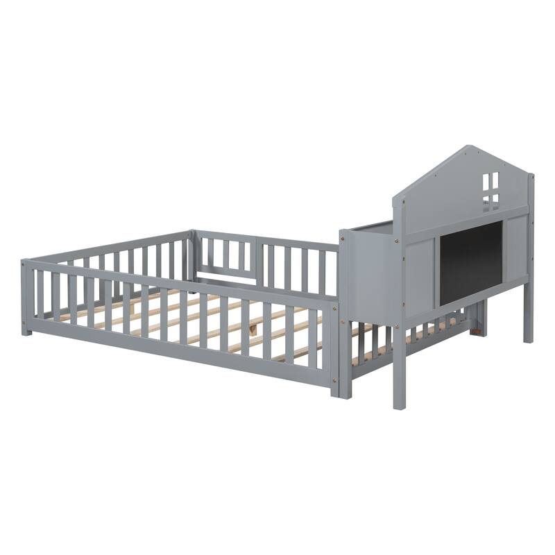 Full-size Montessori Floor Bed with Bookcases and Blackboards, Versatile Platform Beds with Guard rails