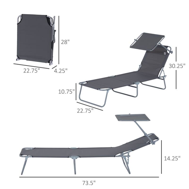 Outsunny Outdoor Lounge Chair, Adjustable Folding Chaise Lounge, Tanning Chair with Sun Shade for Beach, Camping, Hiking