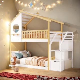 Stairway Design Twin-over-Twin Bunk Bed,House Bed,Storage and Guard Rail,Natural Bed +White Stair