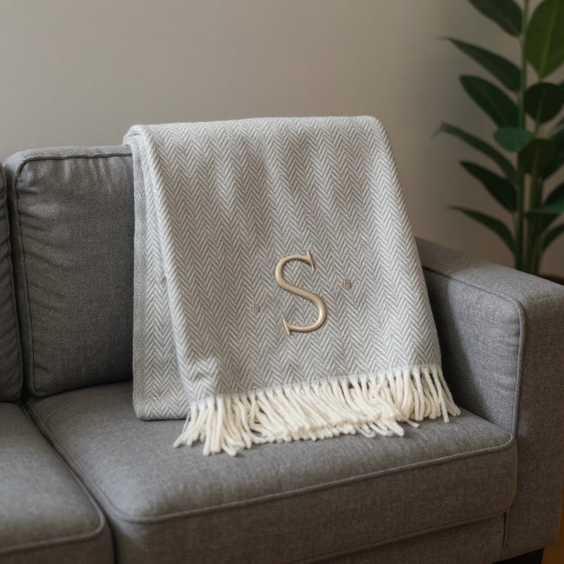 HomeRoots 55" X 70" Gray And White Herringbone Cotton Blend S Initial Throw Blanket with Tassels And Embroidery - Throw - White/Gray