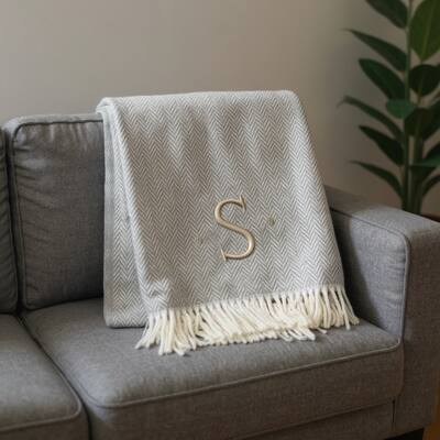 HomeRoots 55" X 70" Gray And White Herringbone Cotton Blend S Initial Throw Blanket with Tassels And Embroidery