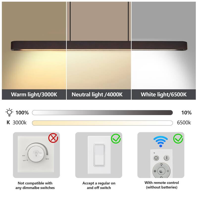 39" Walnut Wood Modern LED Pendant Light, Adjustable Hanging Light
