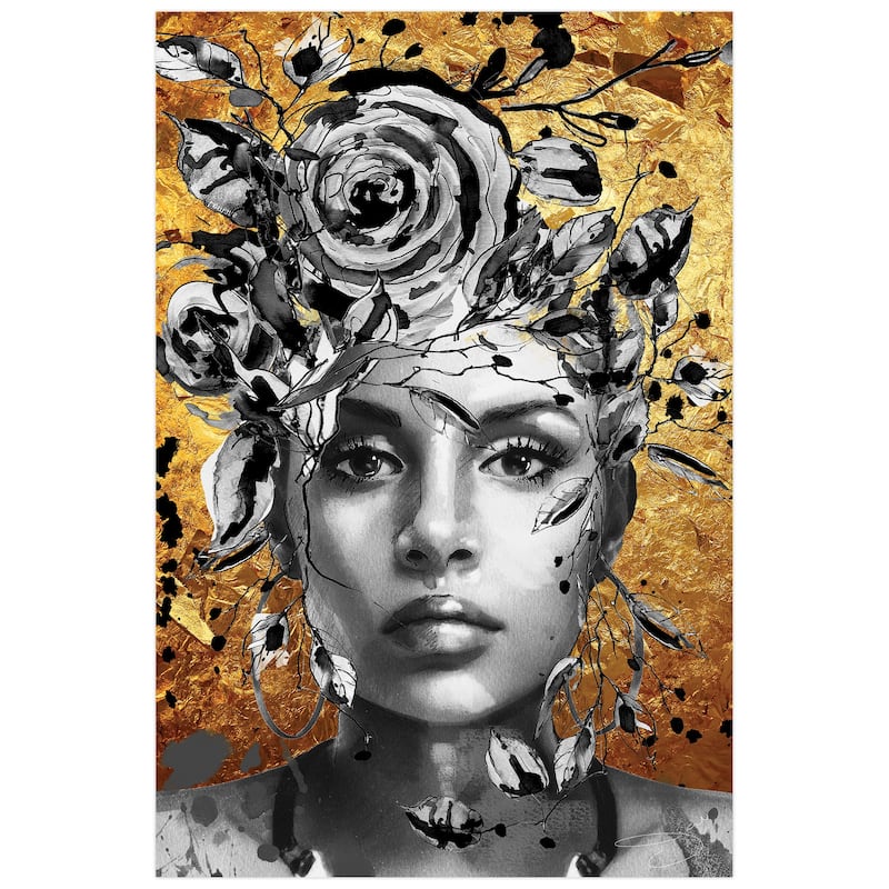 "Beautiful Woman & Flowers" Frameless Free Floating Tempered Glass Panel Graphic Wall Art 32 in. x 48 in.