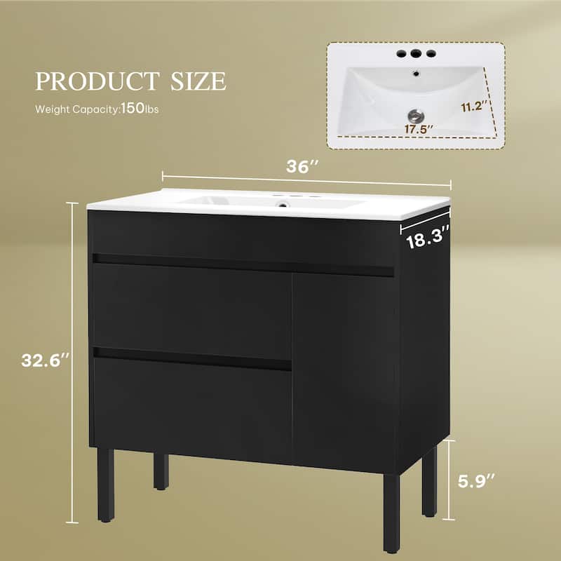 Moasis 36 Inch Freestanding Bathroom Vanity with Ceramic Sink 1 Cabinet and 2 Drawers