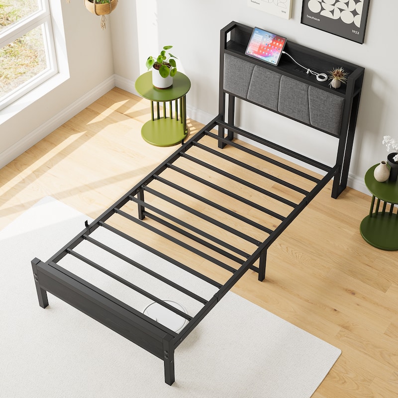 Twin Size Bed Frame with Headboard, Charging Station, No Box Spring Needed