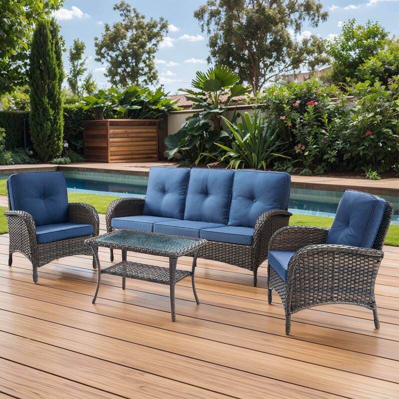 Gymojoy 4-Piece Outdoor Wicker Patio Furniture with 3 Seat Sofa, Rattan Coversation Set with Water Resistant Cushions