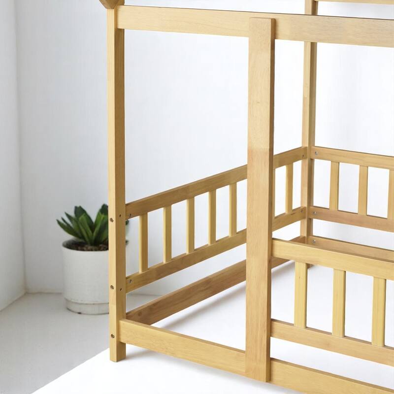 Twin / Full Size Wooden House Bed with Fence and Roof bed Frame, Montessori Style Floor Bed for Kids