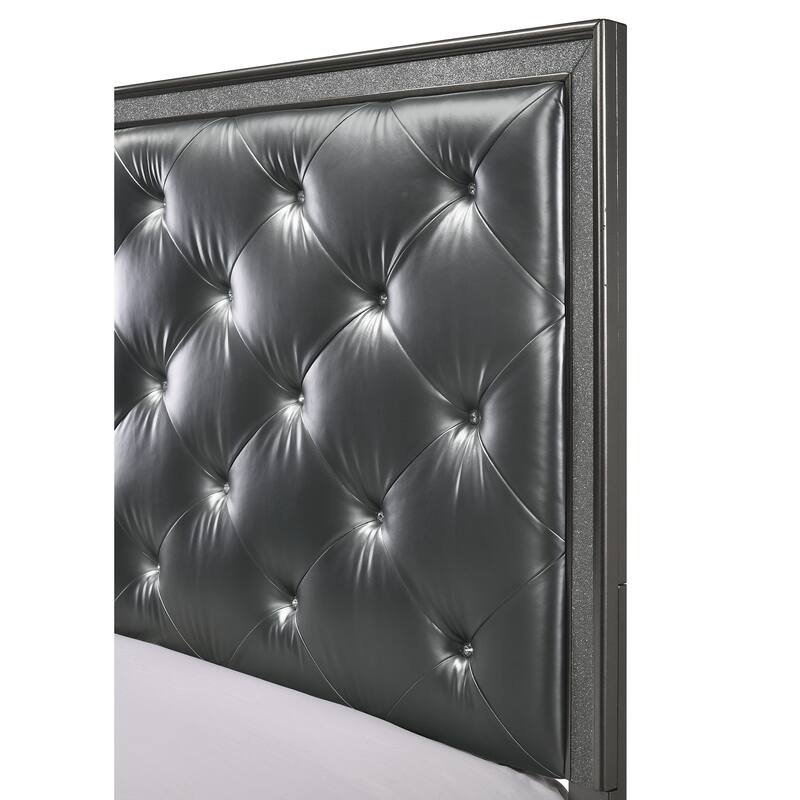Queen Size Panel Bed with Dark Gray Shimmering Finish and Tufted Upholstery