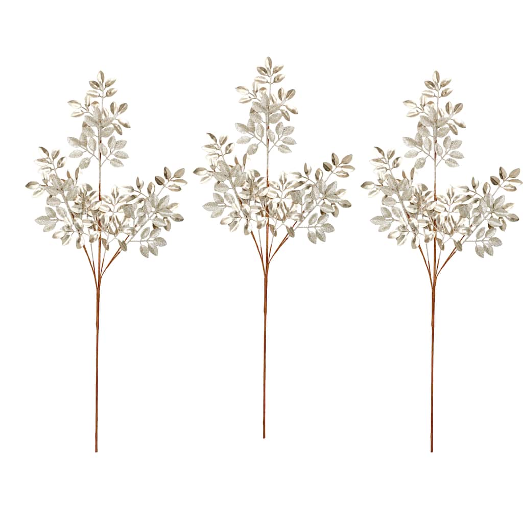 30" Glittered Leaves Spray, Champagne, Set of 3 - Champagne