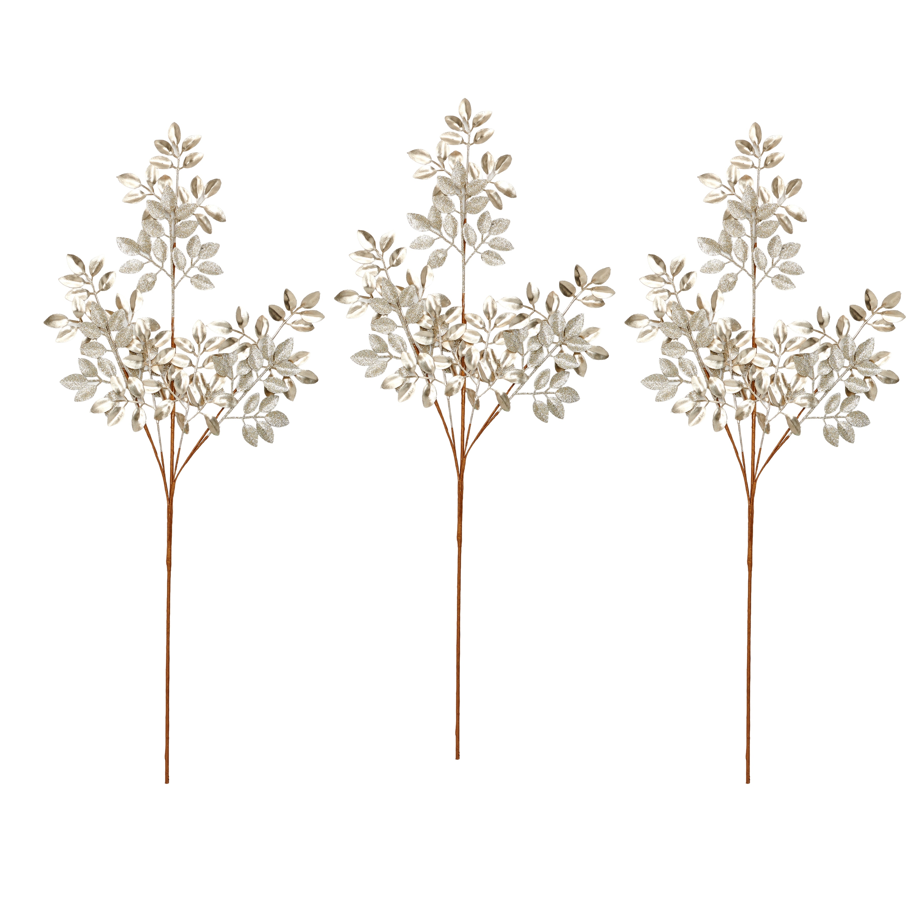 30" Glittered Leaves Spray, Champagne, Set of 3 - Champagne