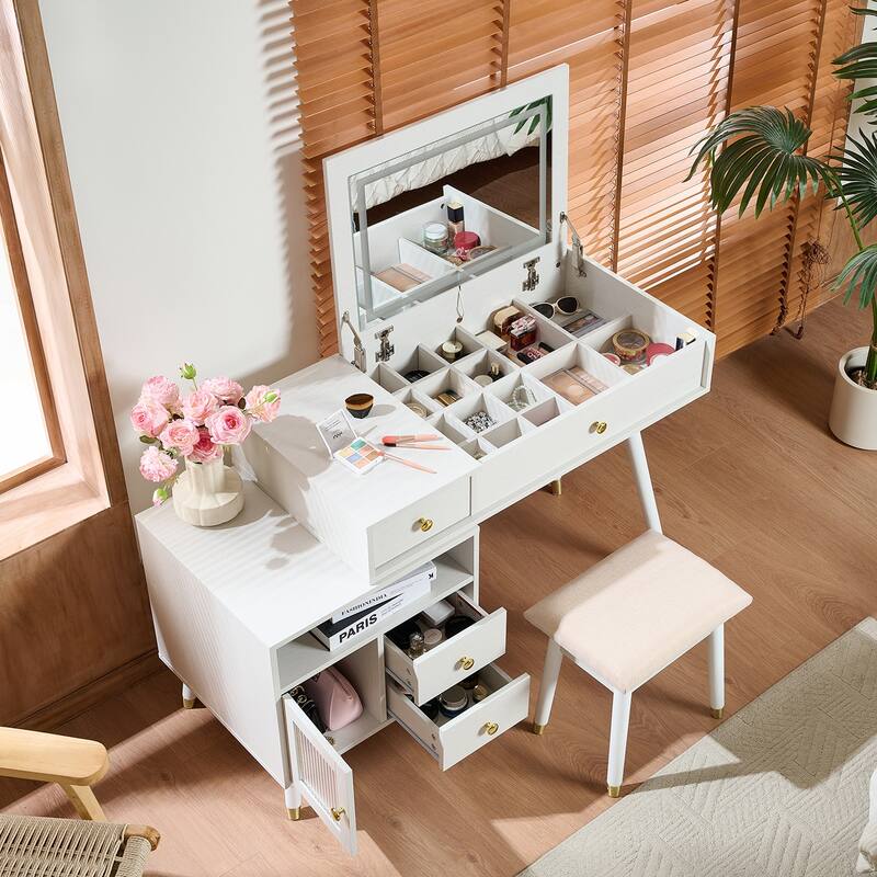 3-in-1 Vanity Desk with Lighted Flip-Top Mirror & Adjustable Cabinet, Makeup Dressing Table with Stool - White