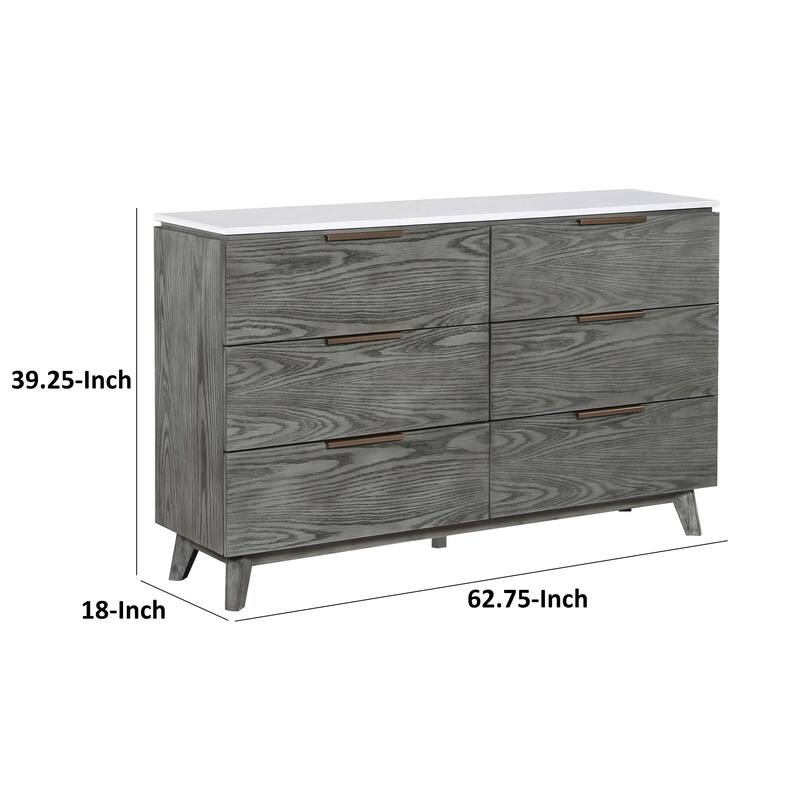 Tira 63 Inch Wide Dresser, 6 Drawers with Handles, White Marble Top, Gray