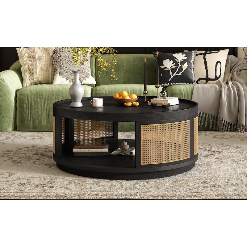 36.8" Wooden Mid-Century Modern Coffee Table with Storage, Round Cane Coffee Table with PE Rattan Side for Living Room