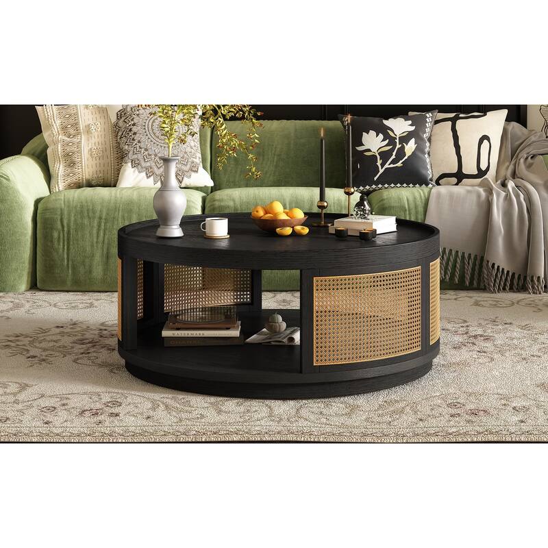 Roomfitters Mid-Century Round Cane Coffee Table with PE Rattan Side, Wooden Accent Table for Living Room