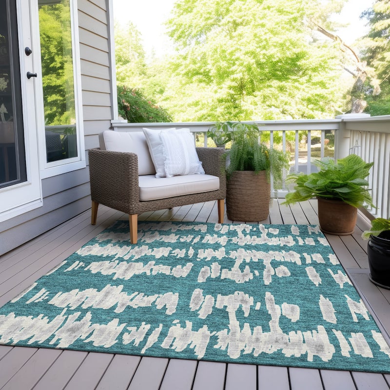 Machine Washable Indoor/ Outdoor Chantille Abstract Contemporary Rug - Teal - 10' x 14'