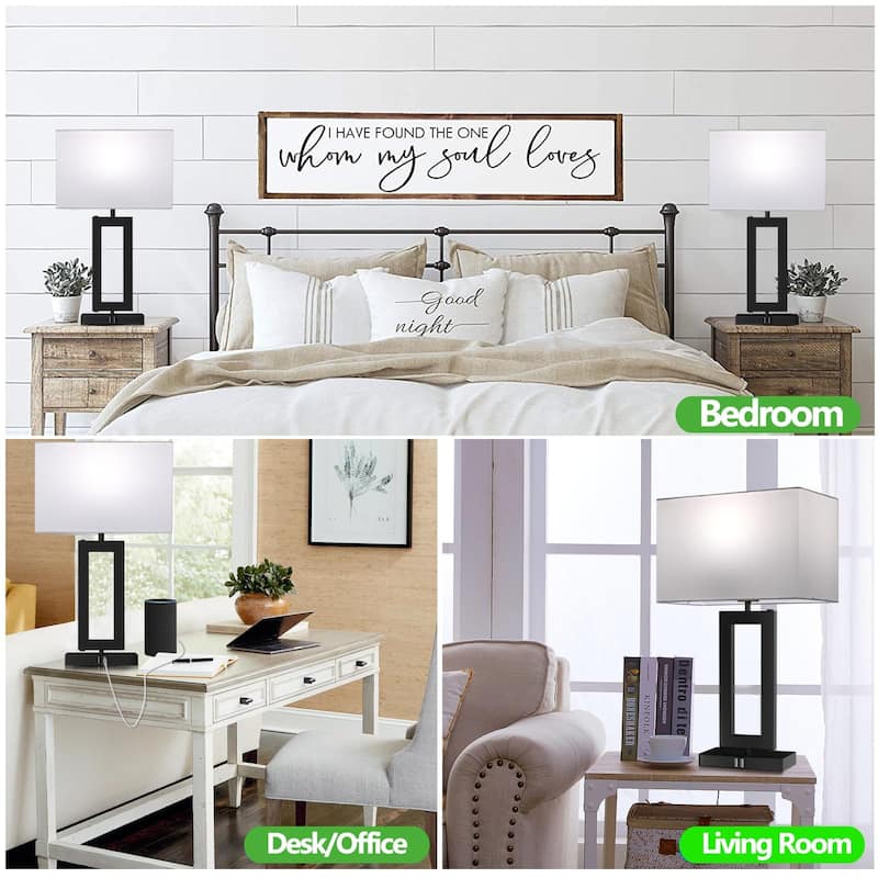 Farmhouse Table Lamps With 2 USB Ports, Set Of 2 Rustic Industrial Desk Lamp For Living Room, 2-Light Black Bedside Lamp, Bedroom Nightstand Lamp With
