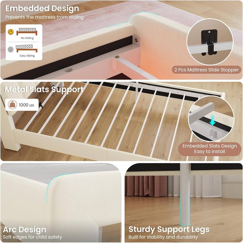 LED Bed Frame Storage DrawerSafety Guardrails Velvet Princess Platform Bed Kids