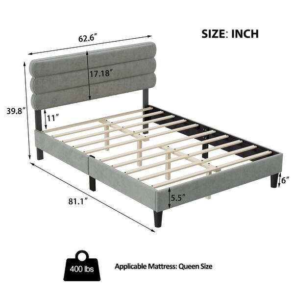 dimension image slide 1 of 3, Queen Size Platform Bed w/ Upholstered Headboard for Kids Teens Adults
