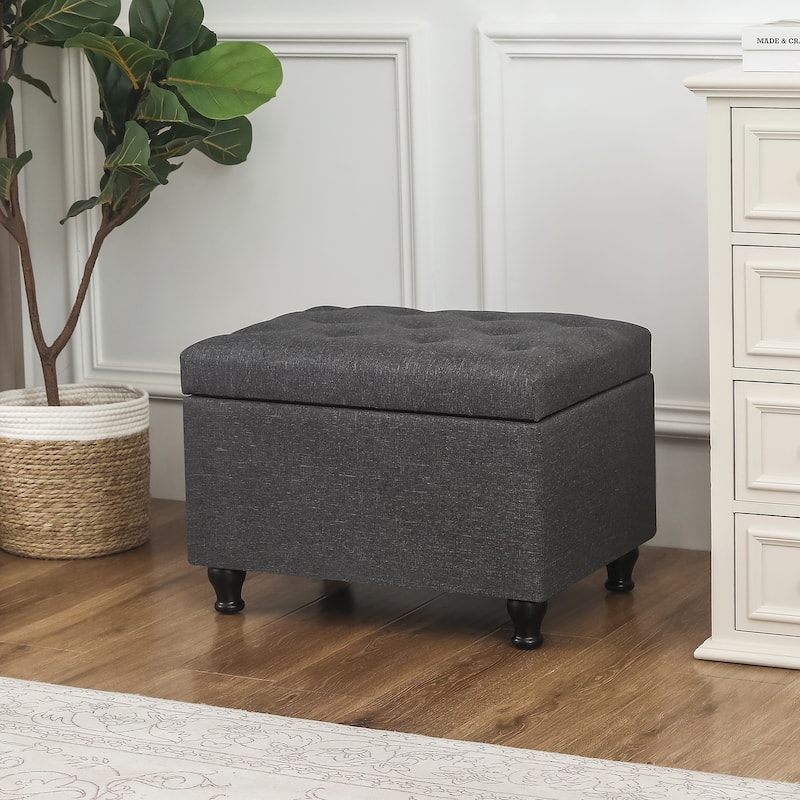 Adeco Linen Fabric Storage Ottoman for Living Room Bedroom - Dark Grey