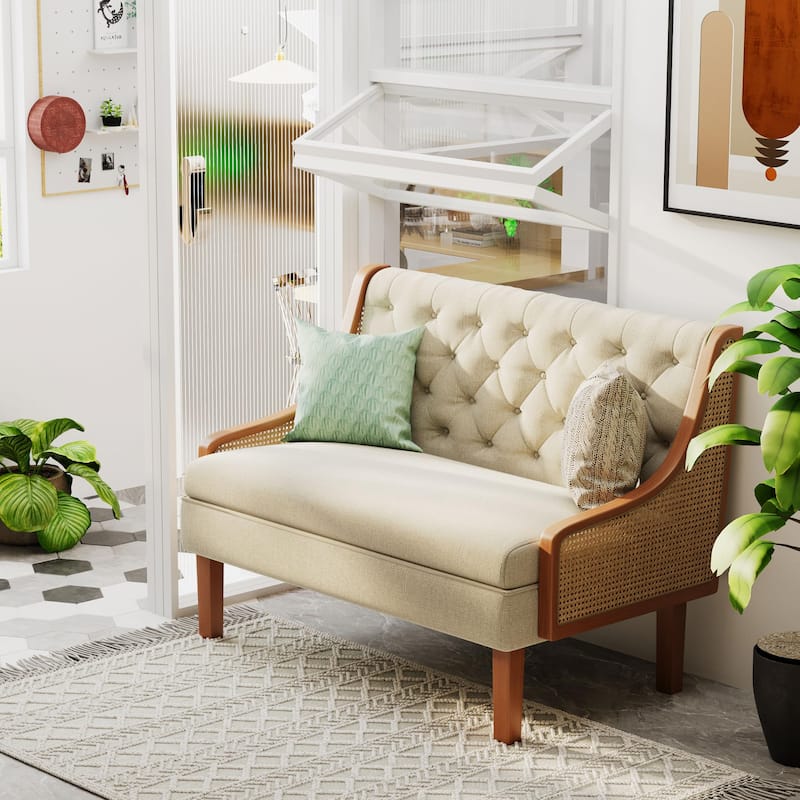 Andeworld Loveseat Settee Bench with Natural Rattan Arms, Upholstered Modern Mini Sofa Couch,Banquette Dining Bench Love Seat