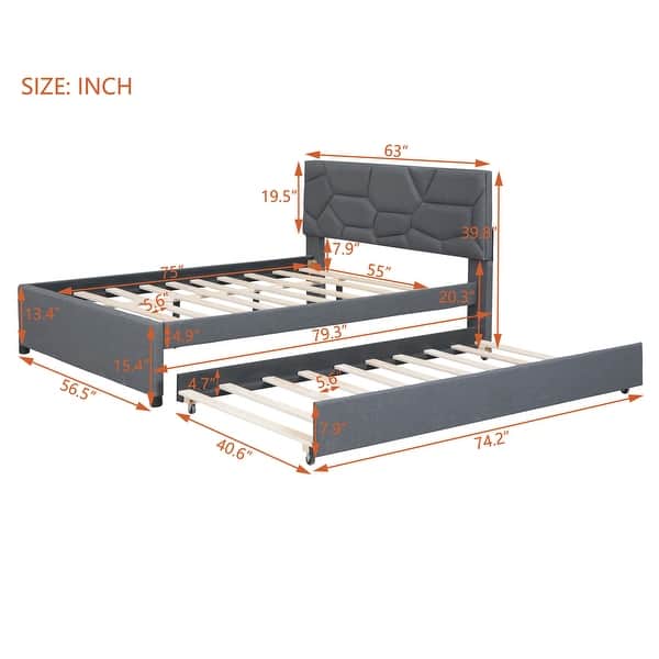dimension image slide 1 of 2, Comfortable Upholstered Platform Bed with Stylish Headboard and Extra Trundle