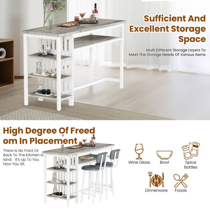 3-Piece Dining Room Table Set with 2 Upholstered Bar Stools, Modern Farmhouse Bar Table Set for 2 with Multiple Tier Shelves
