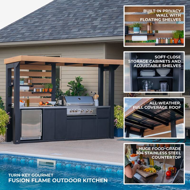 Backyard Discovery Fusion Flame Outdoor Kitchen, Grill, Refrigerator - 10'5" x 4'0"