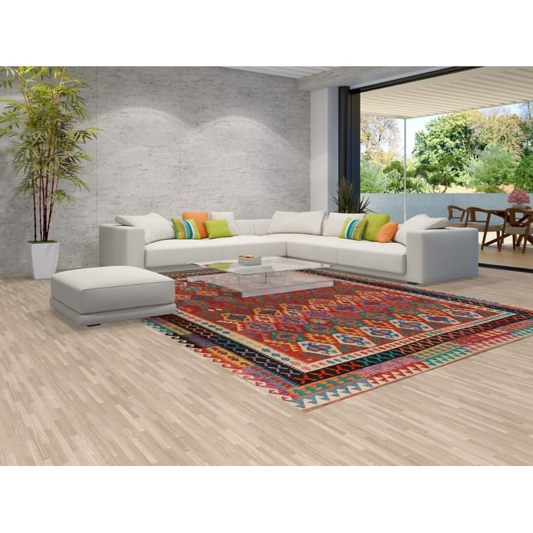 Kilim Oriental Area Rug Hand-Woven Geometric Bedroom Wool Carpet - 9'7"x 13'1"