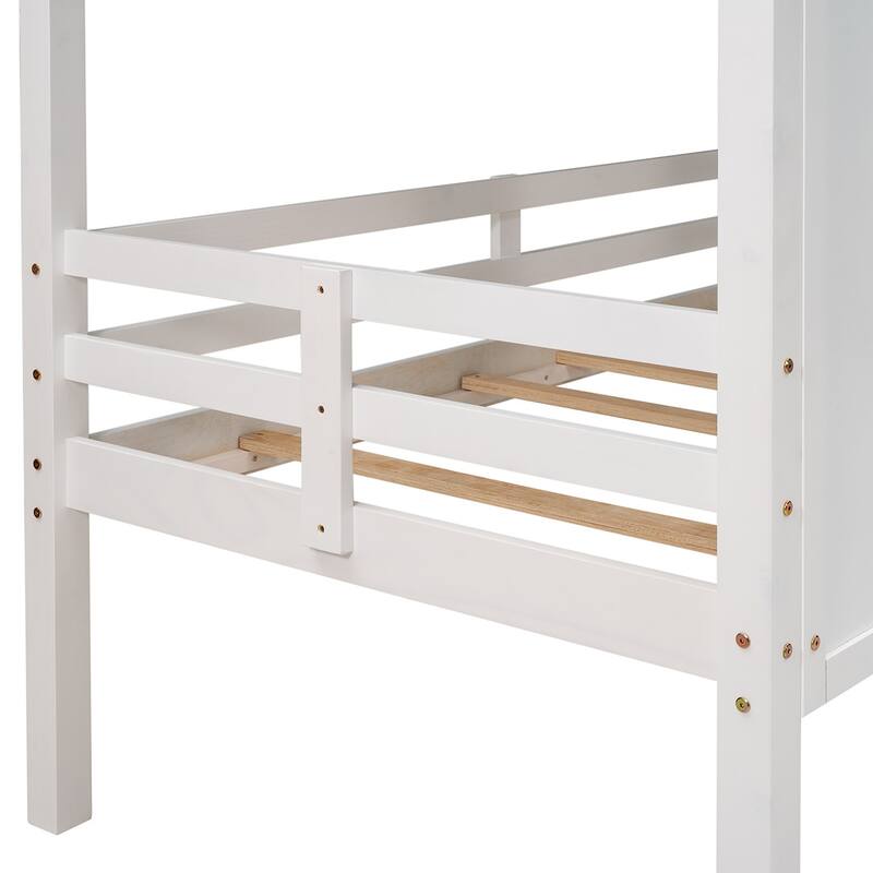 Roomfitters Twin Size Low Loft House Bed with Roof and Two Front Windows, White