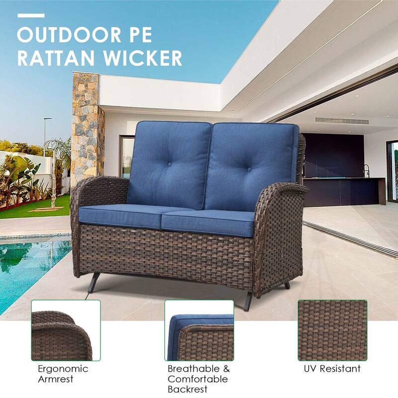 2 Pieces Outdoor Wicker Patio Glider Loveseat with Coffee Table