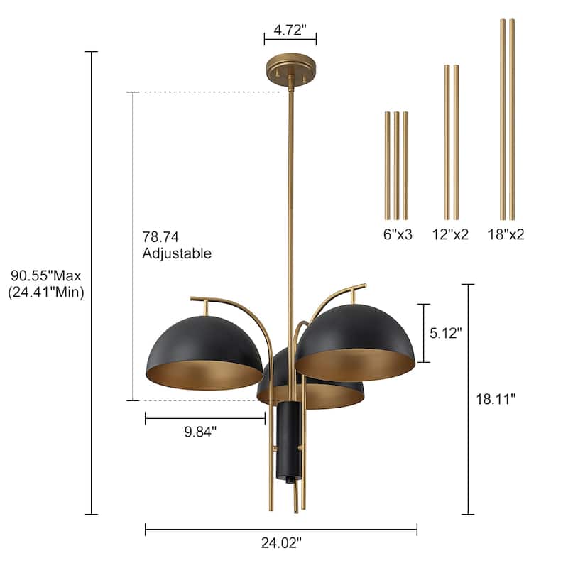 Modern Black and Gold Dome 3-Light Pendant Chandelier - W24.02"