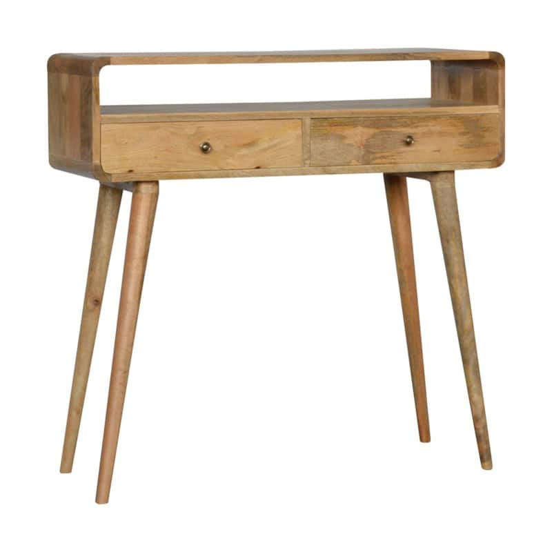 Artisan Furniture Solid Wood Curved Oak-ish Console Table,2 Drawers, 1 Shelf