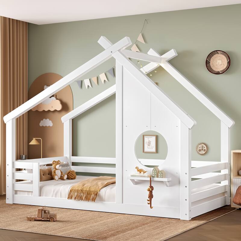Twin House Floor Bed with Window and a Small Shelf, Solid Wood Floor Bed with House-shaped Roof, No Spring Box Needed - White