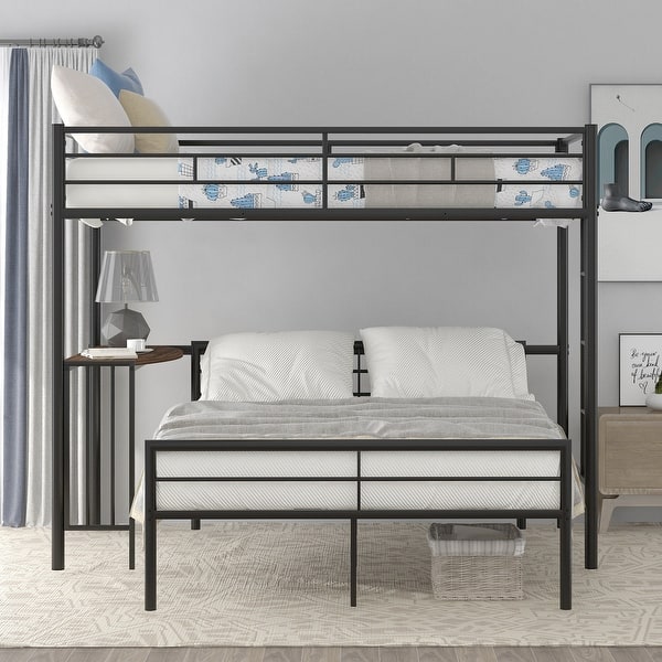 slide 2 of 37, Twin Size Loft Bed & Full Size Platform Bed Set, Metal Bunk Bed Frame with Built-in Curved MDF Desk, Ladder and Safety Guardrail Black - Full