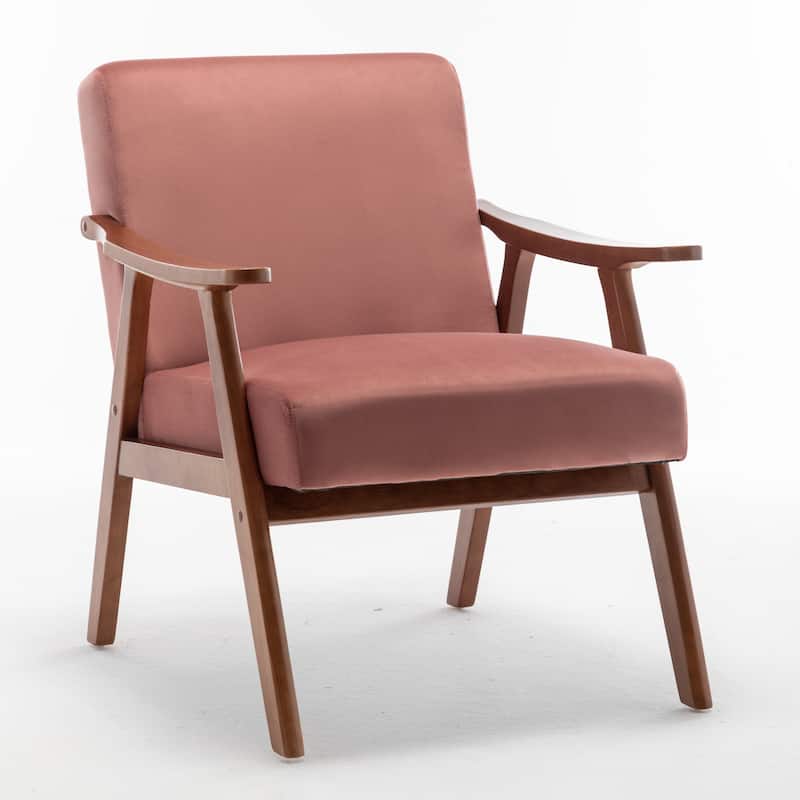 Mid-Century Modern Chair, Living Room Chair with Solid Wood Frame, Accent Chair Extra-Thick Backrest, Wingback Chair for Bedroom - Pink