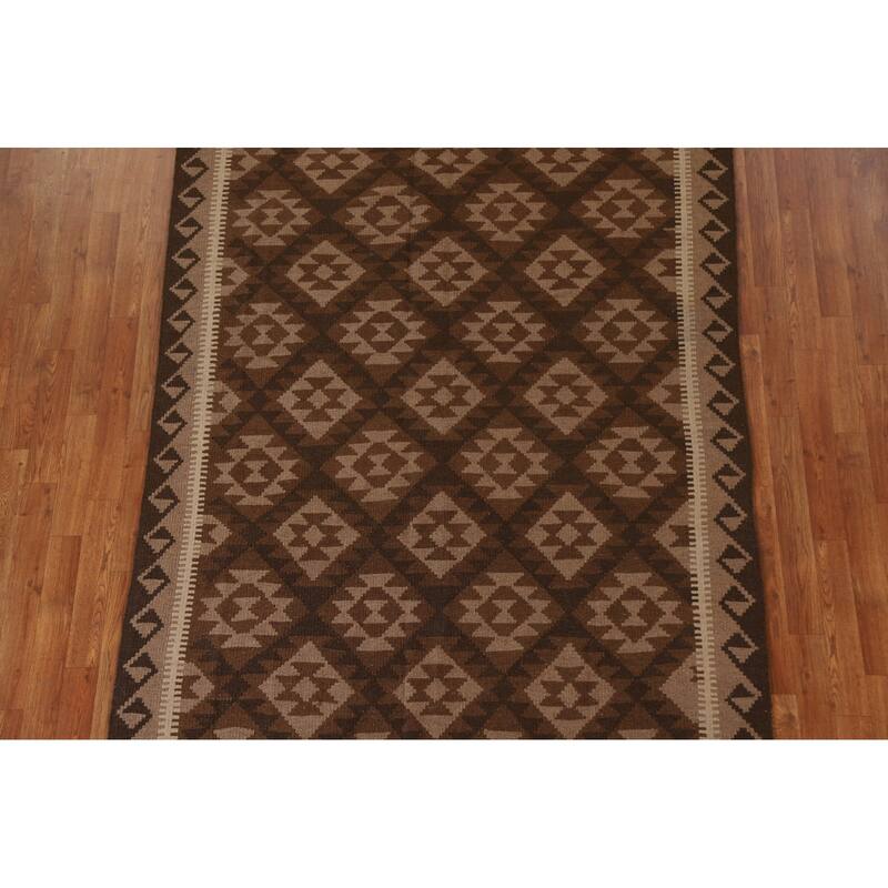 Brown Tribal Geometric Kilim Oriental Area Rug Flat-weave Wool Carpet - 5'3" x 8'1"
