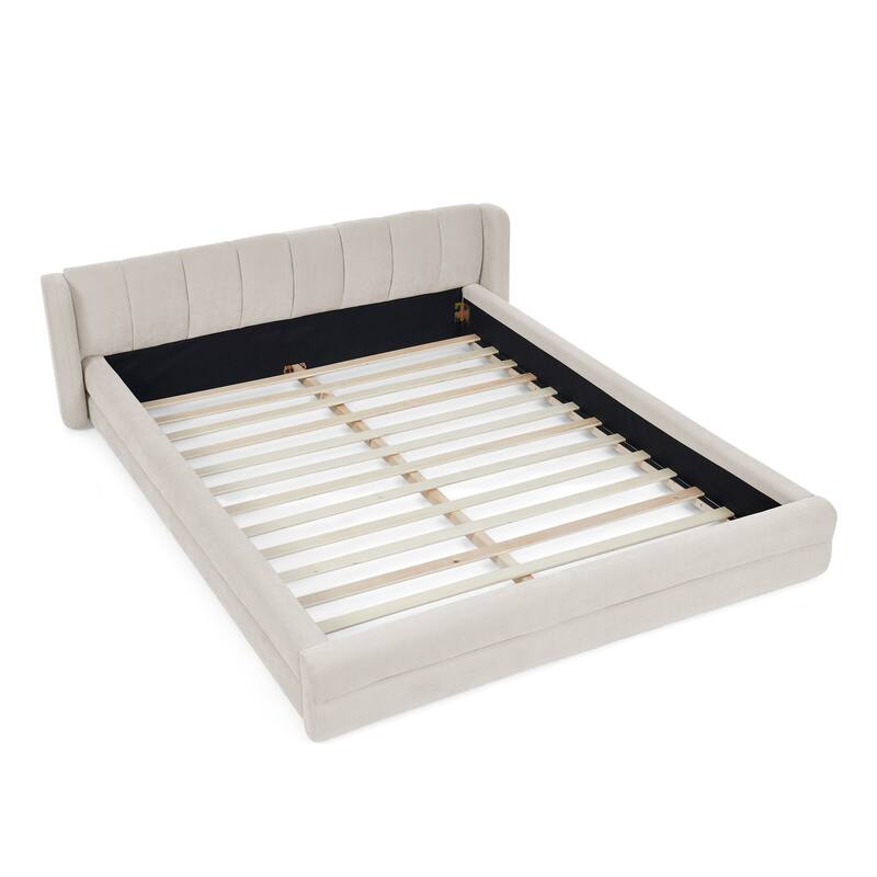 Queen Size Upholstered Bed Frame, Chenille Fabric Grounded Queen Size Platform Bed with Headboard and Solid Frame